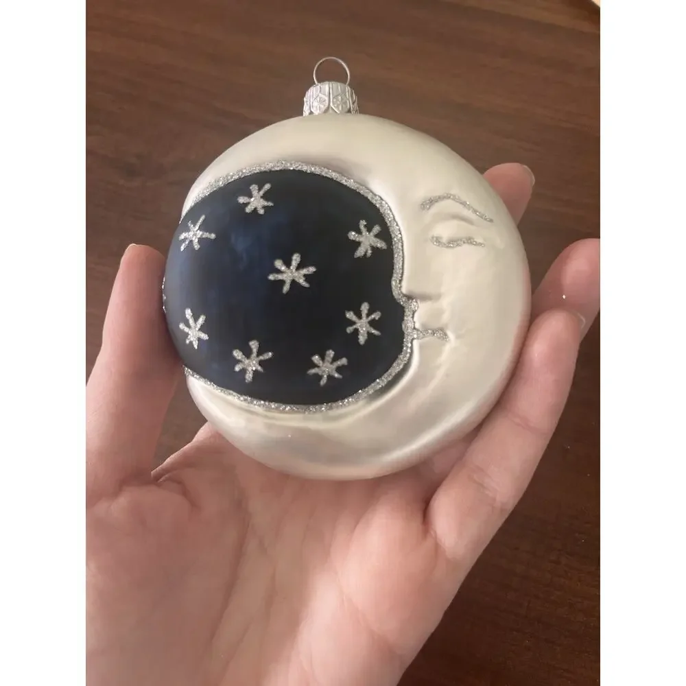 Man In The Moon Face Crescent Glass Christmas Ornament Vintage Double Sided